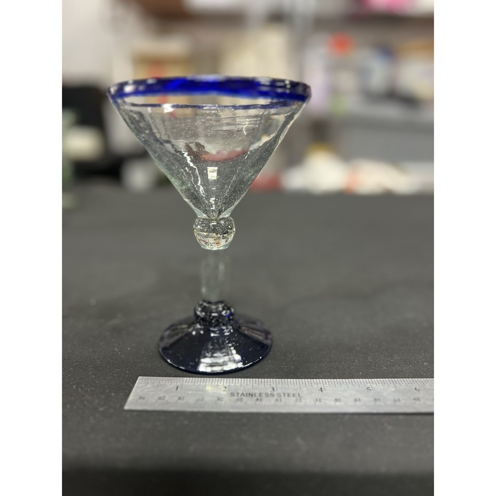 Vintage MCM Handblown Mexican Large Margarita Martini‎ Glasses Cobalt Rim Base